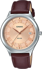 Casio, Women’s Watch Fashion Collection Analog, Rose Gold Dial Brown Leather Band, LTP-E141L-5AVDF